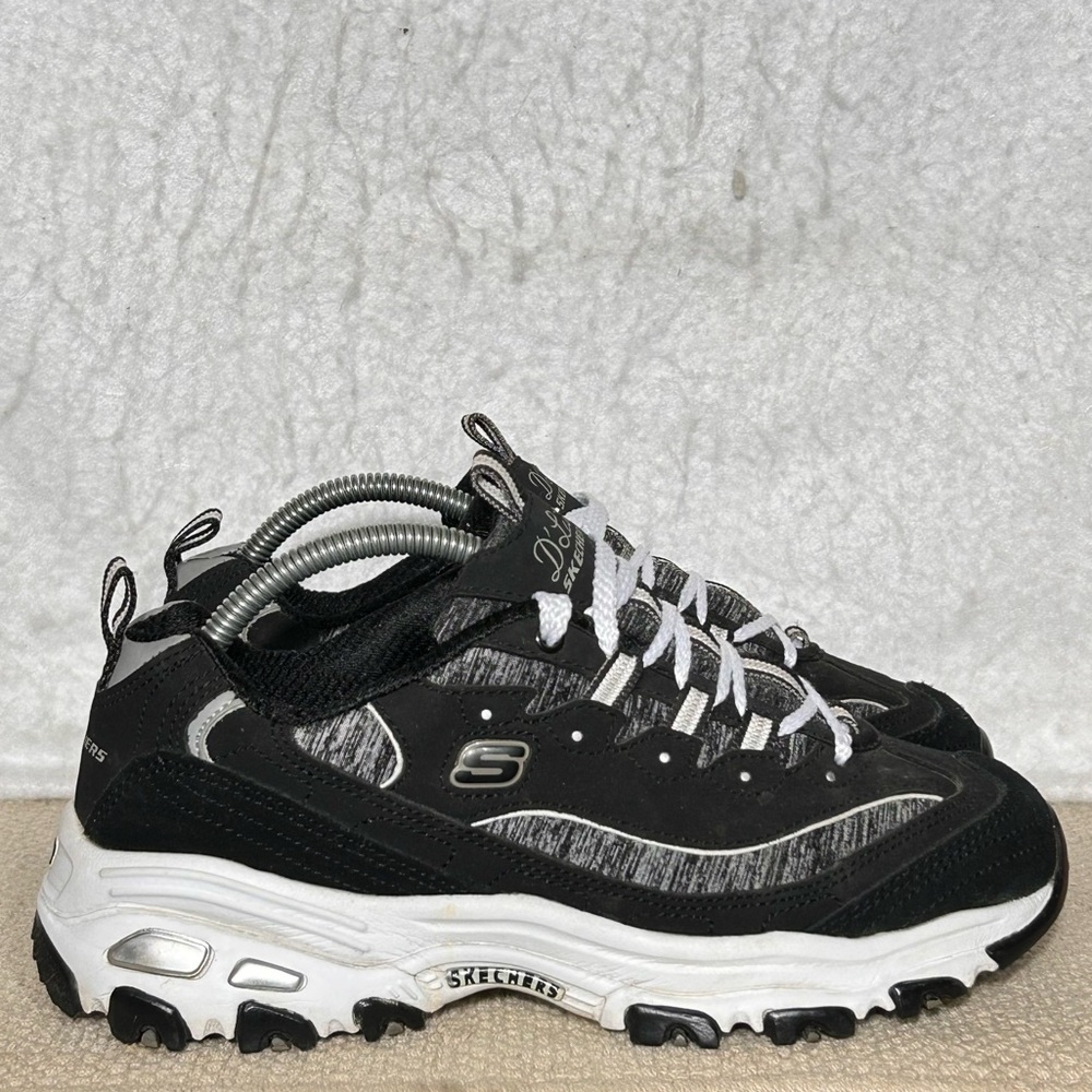 Skechers D'Lites Womens Black/White Me Time Leather/Textile Sneakers Shoes SZ 7